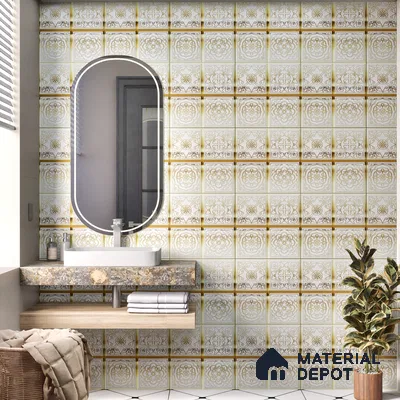 Metallic Wall Tile TL 07235 C Golden Ivory 1 ft x 1 ft Ceramic Matte Finish - 9 mm  | 2 mm Spacer is Mandatory | Suitable For Bathroom, Kitchen, Dining Area | Please Expect a Slight Variation of Pattern (Sample)